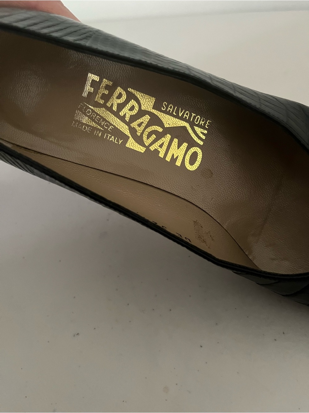 Salvatore Ferragamo Italian Leather Black Croc-Embossed Mid Heel Pumps - Picture 10 of 16